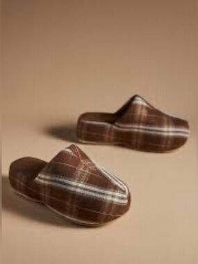Anthropologie x Coconuts by Matisse Bella Plaid Platform Mule Clogs in brown.